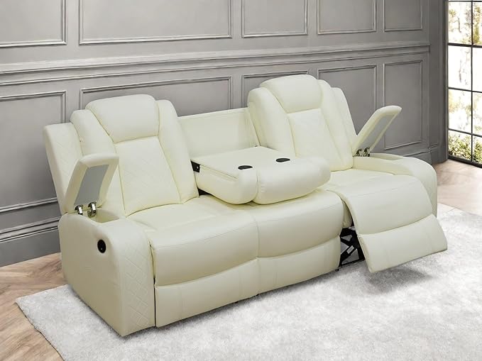 Leather Recliner Sofa Couch, 3-Seater Home Theater Seating Reclining Sofa, Power Reclining Couch with Cup Holders & Drop Down Table for Living Room Furniture Sets, White