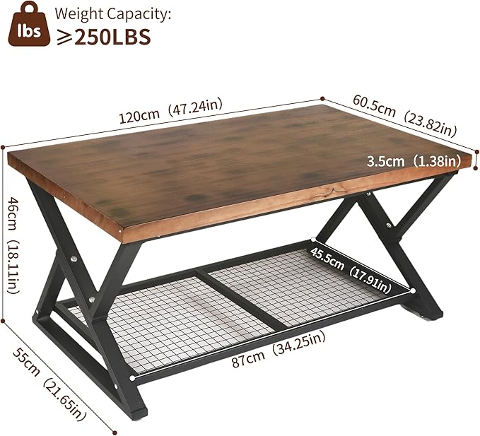 EASYSOUL Coffee Table with Storage Shelf, Solid Wood Top with Black Metal X-Frame, 39.37" D x 23.62" W x 18.11" H, Mid Century Modern Center Coffee Tables for Living Room with 2 Tier (Brow, 47.24")