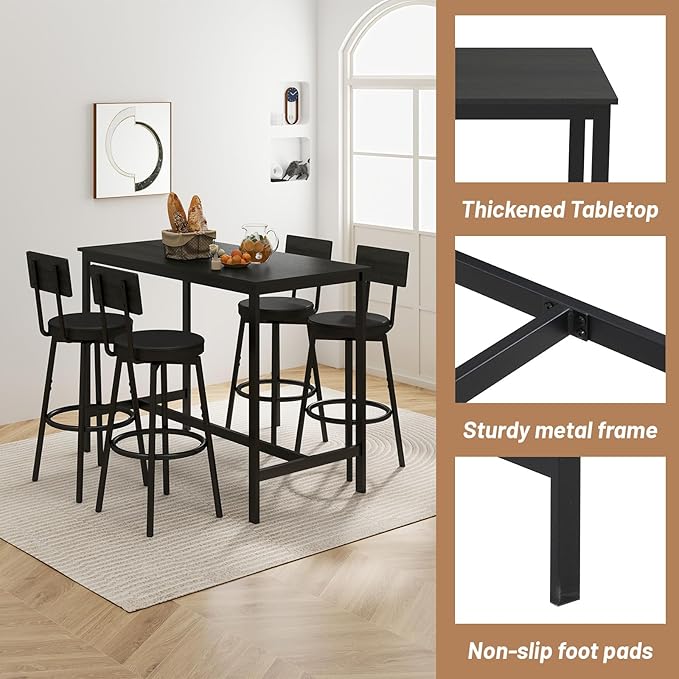 Dining Table Set for 4, 5-Piece Bar Table Set, Kitchen Table and Chairs, Counter Height High Top Table with 4 PU Upholstered Stools, Space-Saving Pub Tables Set for Small Space, Black