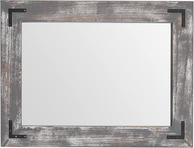 YOSHOOT Rustic Wooden Framed Wall Mirror, 48"x30", Natural Wood Bathroom Vanity Mirror for Farmhouse Decor, Vertical or Horizontal Hanging