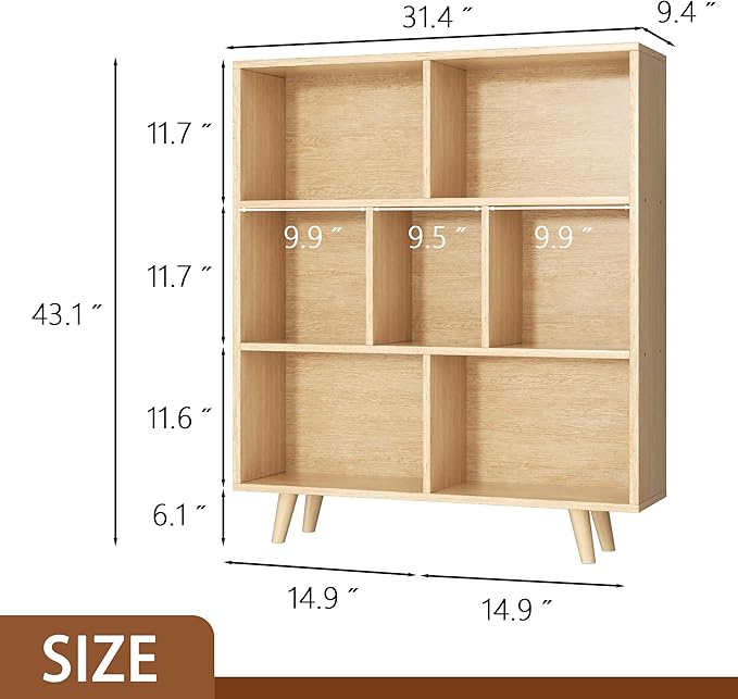 Shintenchi Cube Storage Organizer, 3 Tier Mid-Century Bookcase with Legs Cubeicals Retro Wood Organizer Storage Bookcase, Freestanding Open Book Shelves for Bedroom,Living Room,Office(Natural)