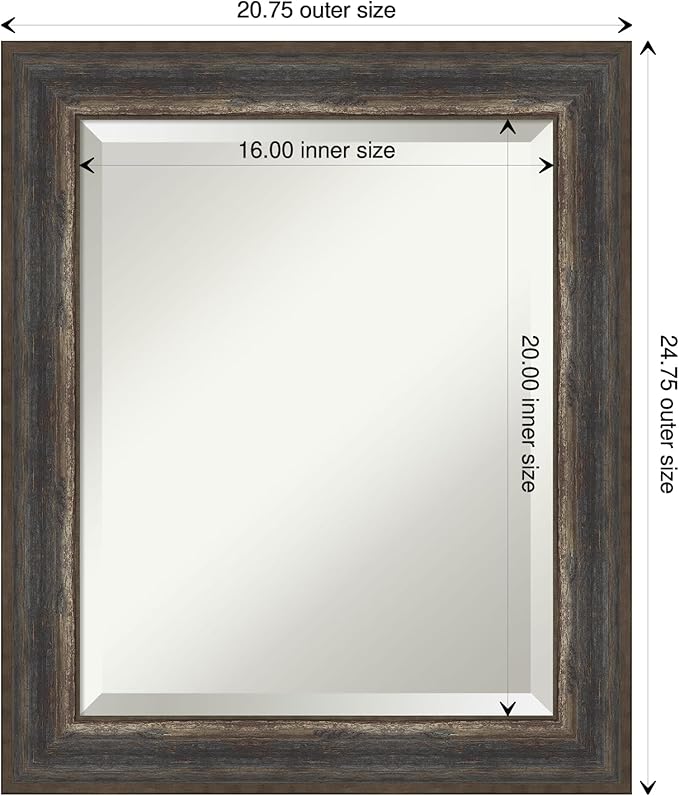 Amanti Art Brown Wall Mirror 25x21 Alta Rustic Char Rectangle Bathroom Mirror for Wall Decor Living Room, Small Rustic Farmhouse Frame, Hangs Horizonally and Vertically, Bathroom Decor, Beveled Edge