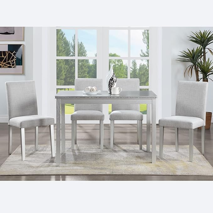 KEIKI 5-Piece Standard Height Dining Table Set with Rectangular Table and 4 Upholstered Chair, for 4 Person, Crystal Decoration Wooden Table Set, Easy Assembly, for Kitchen, Dining Room, Silver Grey