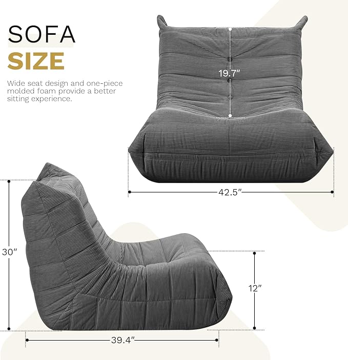 Bean Bag Chairs for Adults, Memory Foam Couch Sofa Chair,One-Piece Foam Padding,Cozy Corduroy Material Bean Bag Chair,Bean Bag Sofa for Reading in Bedroom Living Room and Dorms，Gray