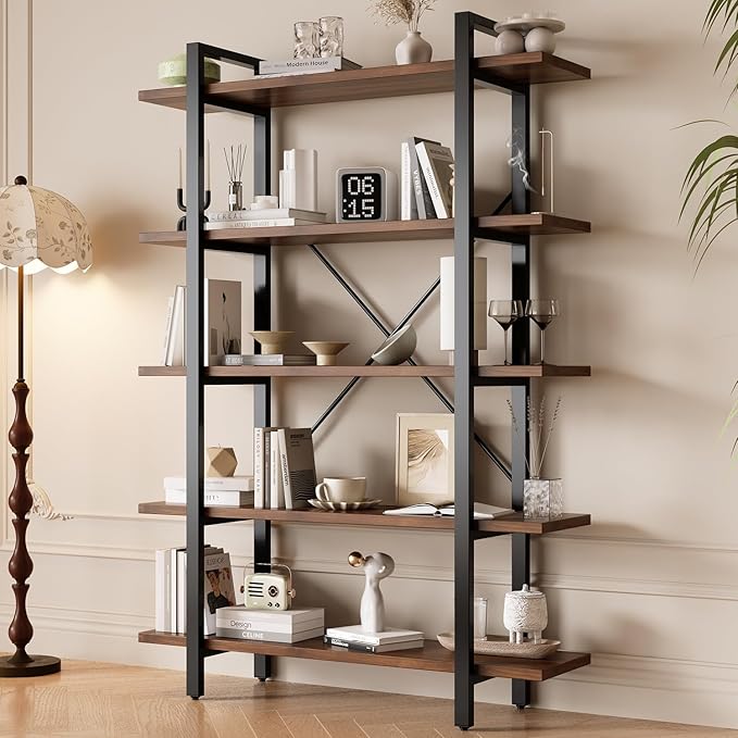 Industrial Bookshelf with 5 Shelves, Solid Wood core Bookcase,Walnut Wood and Black Metal Frame, Large Open Storage Display Unit (Dark Walnut, 5 Tiers)