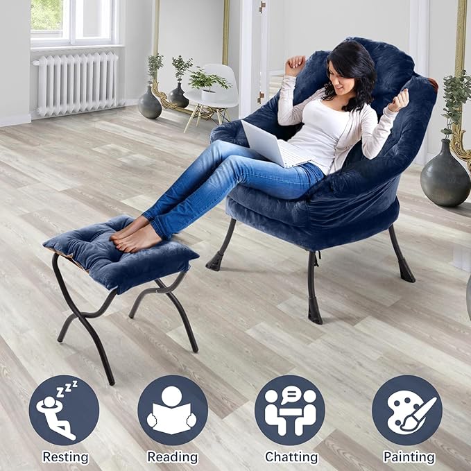 Lazy Chair with Folding Ottoman,Leisure Sofa Chair,Soft Fabric Armchair with Armrests and Side Pockets, Reading Chair with Footrest for Living Room, Bedroom, Office (Plush Navy)