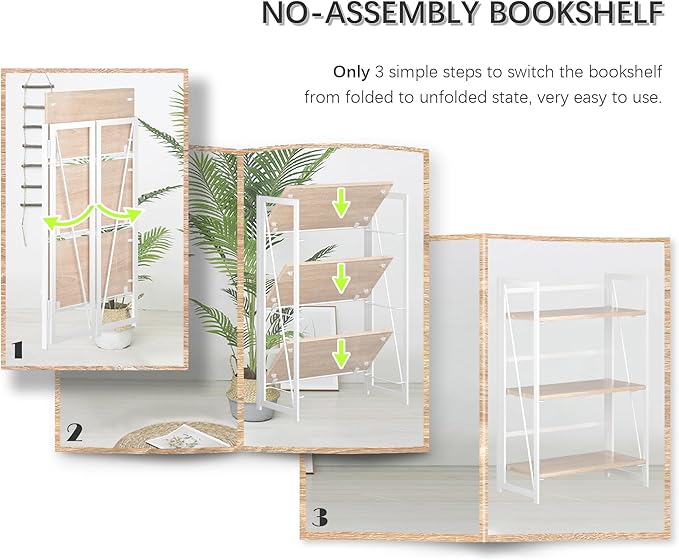 4NM No Assembly 3 Tiers Book Shelves, White Folding Bookshelf Bookcase Open Industrial Foldable Shelves for Bedroom, Living Room, Home Office - Natural White