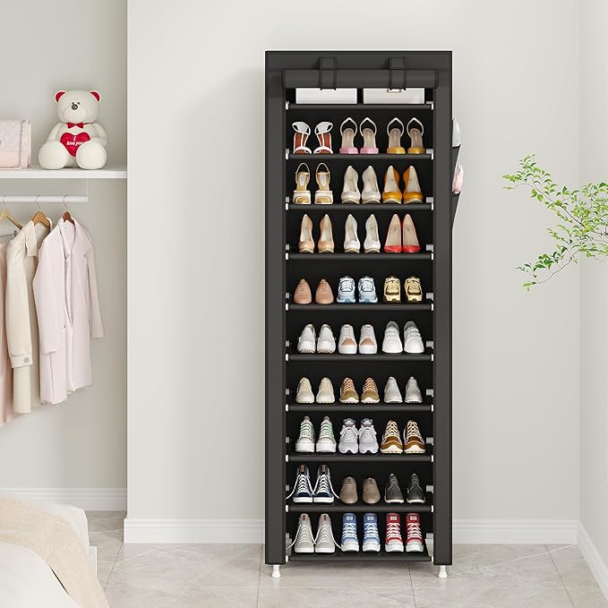 UDEAR 10-Tier Free Standing Shoe Rack Sturdy Shoe Rack Organizer for Closet Entryway Stackable Shoe Shelf with Dustproof Cover,Black