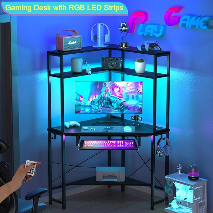 Corner Desk with Hutch and LED Lights, Corner Computer Desk with Keyboard Tray and Monitor Stand, Small Computer Desk for Small Spaces, Home Office
