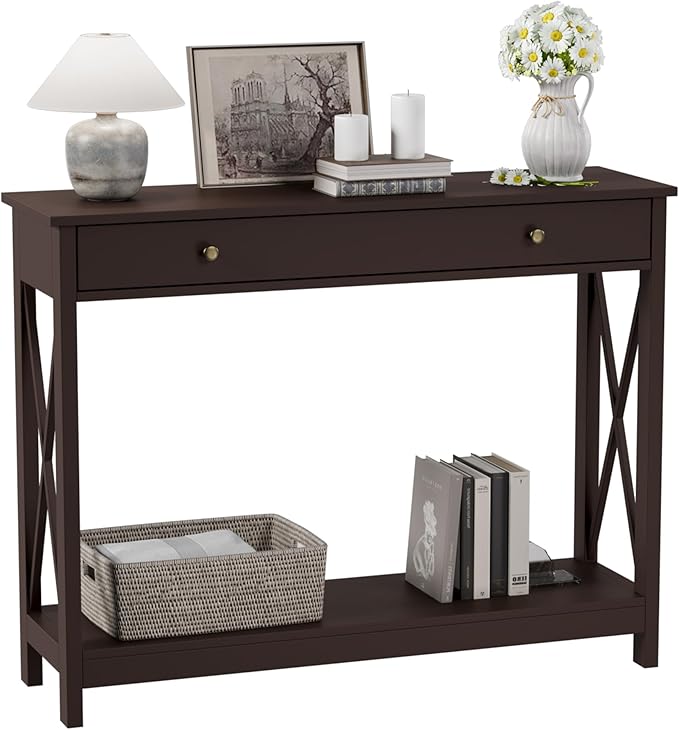 Treocho Black Console Table with Drawer and Storage Shelves, Foyer Sofa Table Narrow for Entryway, Living Room, Hallway