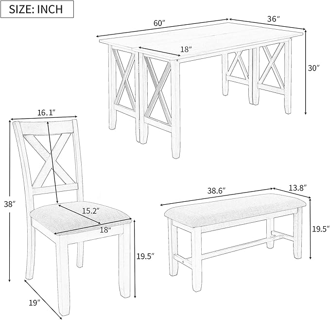 Ball & Cast 6-Piece Dining Table Set, 60" Wood Dining Kitchen Table & Chairs Set, Rectangular Dining Room Foldable Table with 4 Upholstered Chairs & 1 Bench,Perfect for Dining Room, Kitchen, Espresso