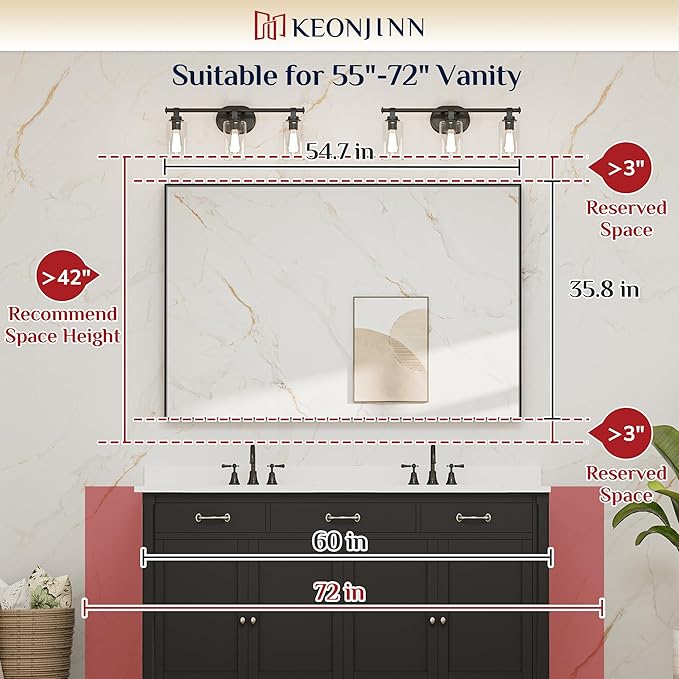 Keonjinn Black Mirror for Bathroom 55 x 36 Inch Rectangle Mirror Large Matte Black Vanity Mirror Metal Frame Farmhouse Mirror, Modern Rectangular Wall Mirror with Square Corner(Horizontal/Vertical)