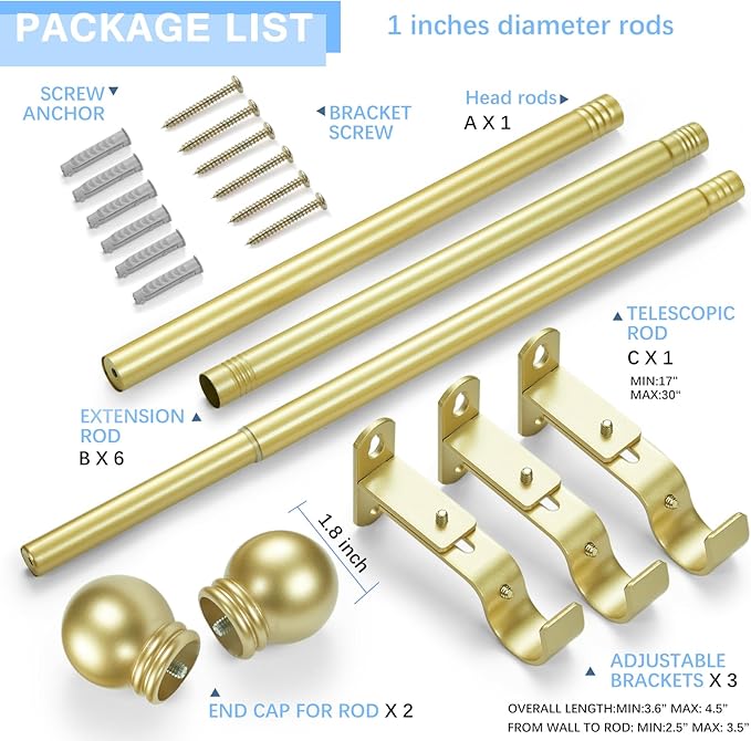 Curtain Rods for Windows 16 to 120 Inches, Curtain Rod Max Adjustable Length of 132 IN, 1" Diameter Drapery Rods Round Finials, Warm Gold, Pack of 1