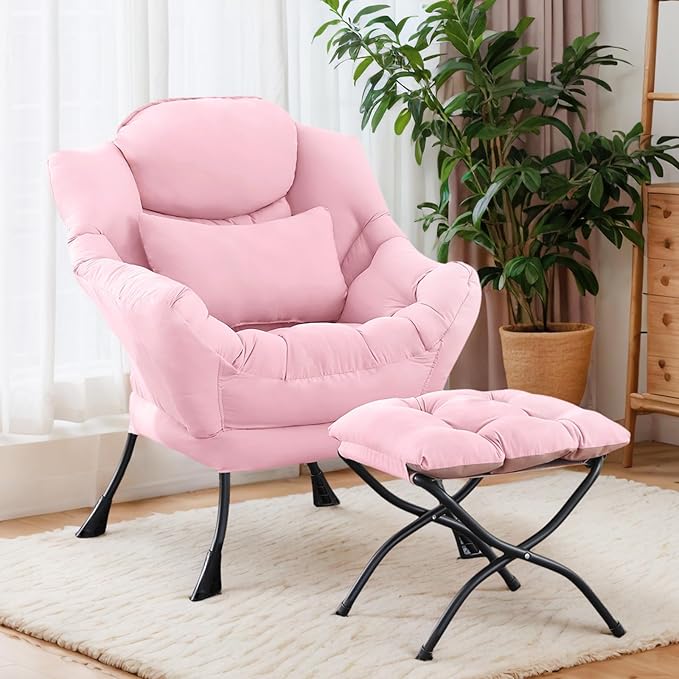 Lazy Chair with Ottoman, Modern Lounge Chair with Lumbar Pillow, Accent Cozy Reading Armchair and Folding Footstool for Bedroom, Dorm, Living Room,Pink