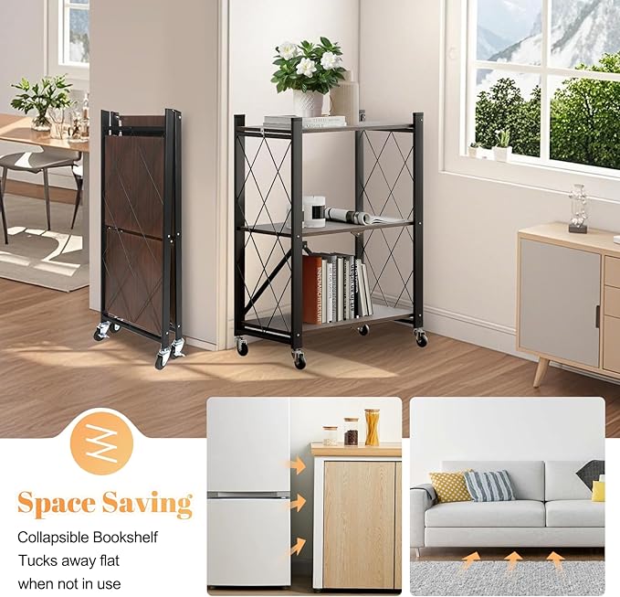 BAOYOUNI 3-Tier Vintage Industrial Bookshelf - No Assembly Folding Storage Shelf with Woodgrain Finish | Collapsible Metal Bookcase for Living Room, Office & Bedroom
