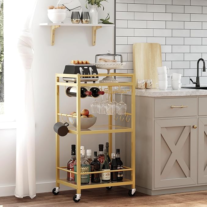 TUTOTAK Bar Cart, Home Bar Serving Cart with 3-Tier Mirrored Shelf, Drink Cart, Mobile Kitchen Shelf with Wine Rack, Gold BC01BB033