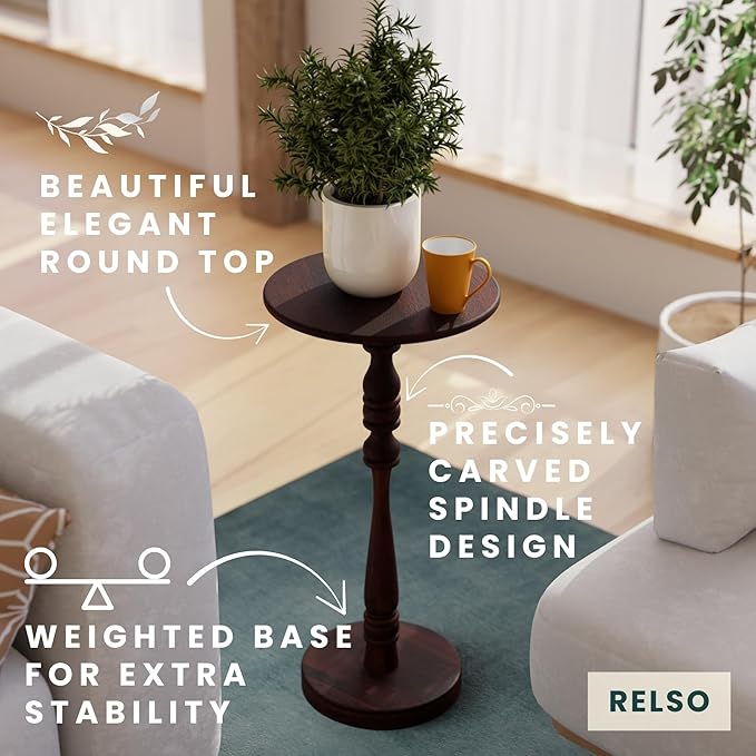 Relso Stambha Solid Wood Drink Table – 24" Tall Round Accent Side Table for Living Room or Bedroom, Narrow End Table or Indoor Plant Stand, Walnut Finish, Handcrafted Mango Wood Furniture