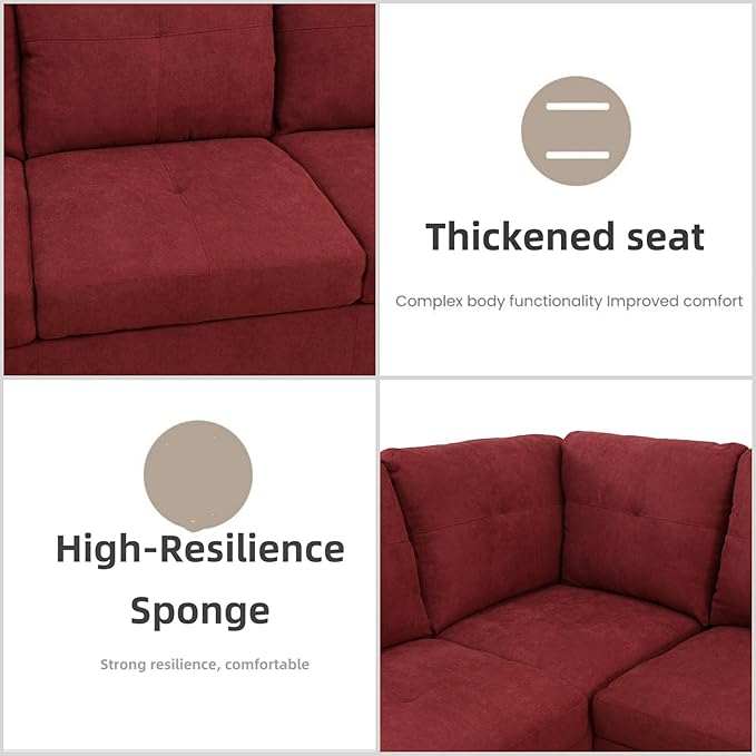 L Shaped Sectional Couches for Living Room, Modern Modular Sectional Sofa with Ottoman Storage, Comfy L Shaped Couch with Chaise for Bedroom Apartment Furniture, Red