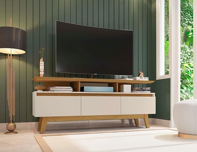 Manhattan Comfort Yonkers 63 Inch Mid Century Modern TV Stand with Storage, 3 Flip Down Door, Hole for Wire Management, Fits Up to 60" Television, Durable & Versatile Console Table, Off White/Cinnamon