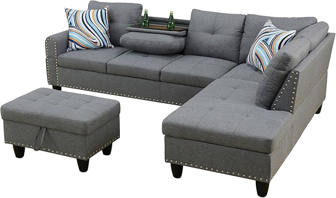 97.5" Oversized Sectional Couch, L Shaped Couch with Storage Ottoman, Modern Modular Sofa with Deep Seat, Sectional Couches for Living Room and Office, Grey (Linen)