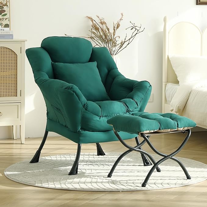 Lazy Chair with Ottoman, Modern Lounge Armchair with a Pillow, Leisure Sofa Armchair Set, Reading Chair with Footrest for Living Room, Bedroom, Office, Dorm Room, Peach Green