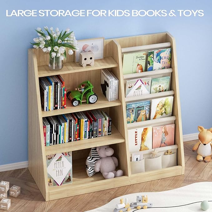 Kids Bookshelf and Toy Storage Organizer, 4 Tier Wooden Kids Book Shelf with Sling Book Rack in Kids Room Playroom Nursery for Kids, Children, Toddlers
