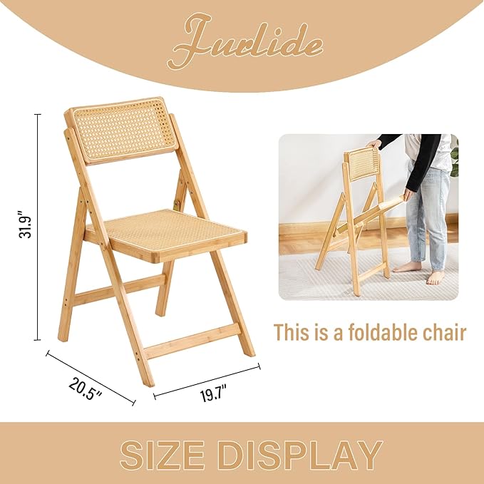 Rattan Folding Chair, Modern Mid Century Dining Chair Set of 1, Outdoor Bamboo Chairs for Bedroom Living Room Reading Room Dining Kitchen, Wood