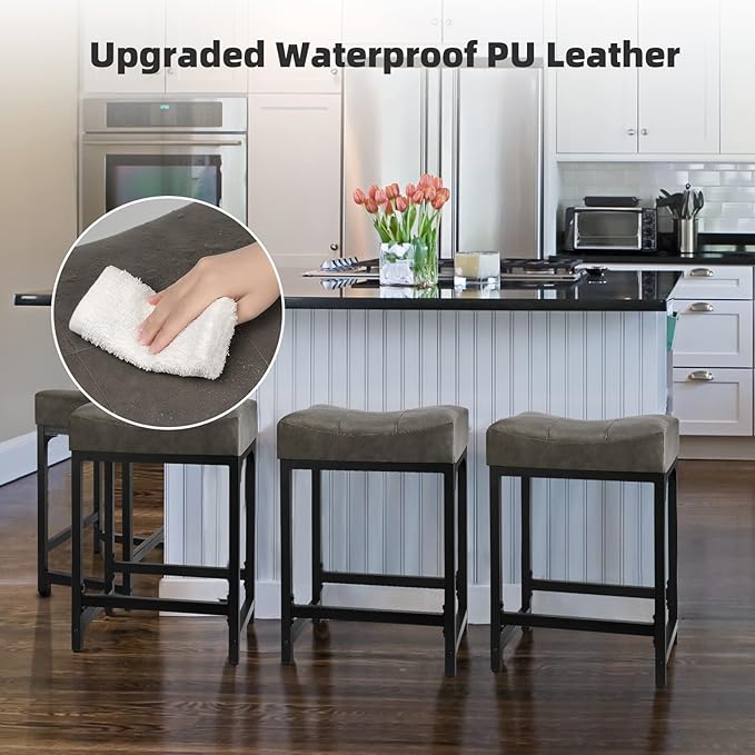 Counter Height Bar Stools Set of 2, 24 Inch Stools for Kitchen Counter with Thick Saddle Seats and Barstools Metal Frame, Modern Backless Counter Height Stool for Kitchen Island Bar Grey