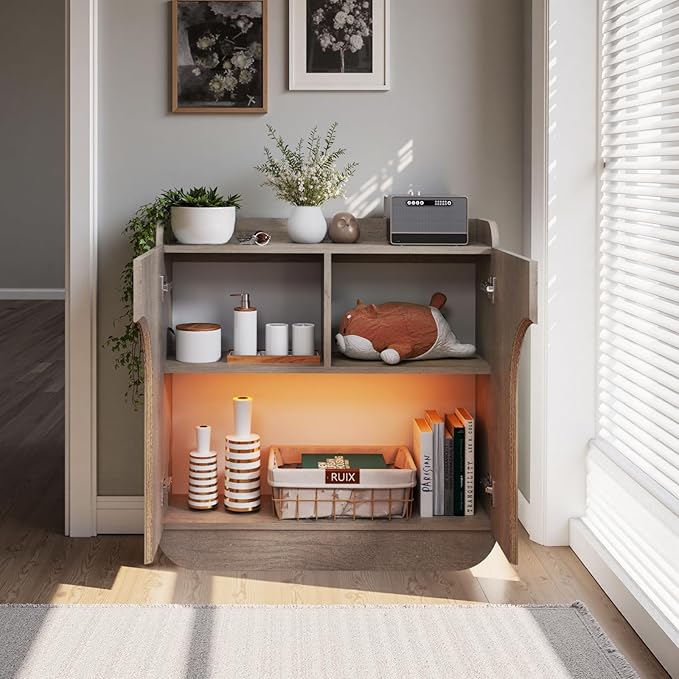 Pmnianhua Farmhouse Entryway Console Table with Storage,Modern LED Light Storage Cabinet with 3 Doors,Rounded Edges, Plywood Construction,Accent Sideboard for Living Room,Hallway,Bedroom(Grey)
