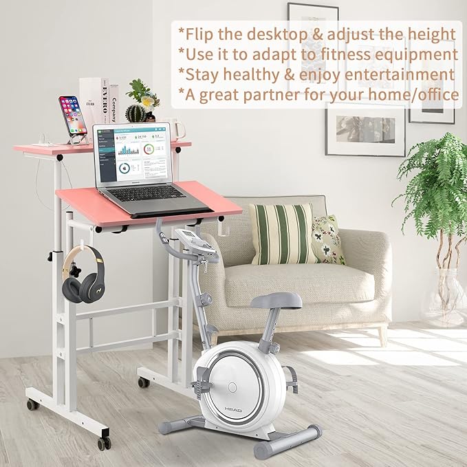 Hadulcet Mobile Standing Desk with Charging Station, Adjustable Standing Computer Desk, Standing Adjustable Laptop Cart with Wheels for Home Office Classroom, Pink