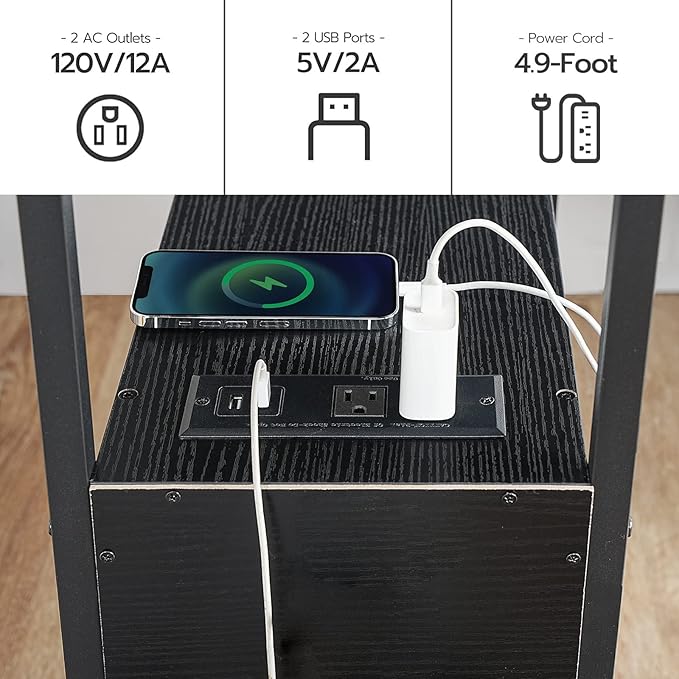 HOOBRO End Table with Charging Station, Narrow Side Table with 2 Drawer & USB Ports & Power Outlets, Nightstand for Small Spaces, Stable and Sturdy, for Living Room, Bedroom, Black BK541BZ01