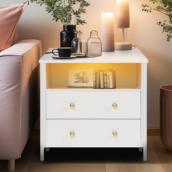 27 Inch Wide Night Stand, Large Wood Night Stand Set 2 with 2 Drawers, LED Nightstand with Charging Station and Adjustable Drawer, Bedside Table for Living Room/Bedroom/Study/Office, White.