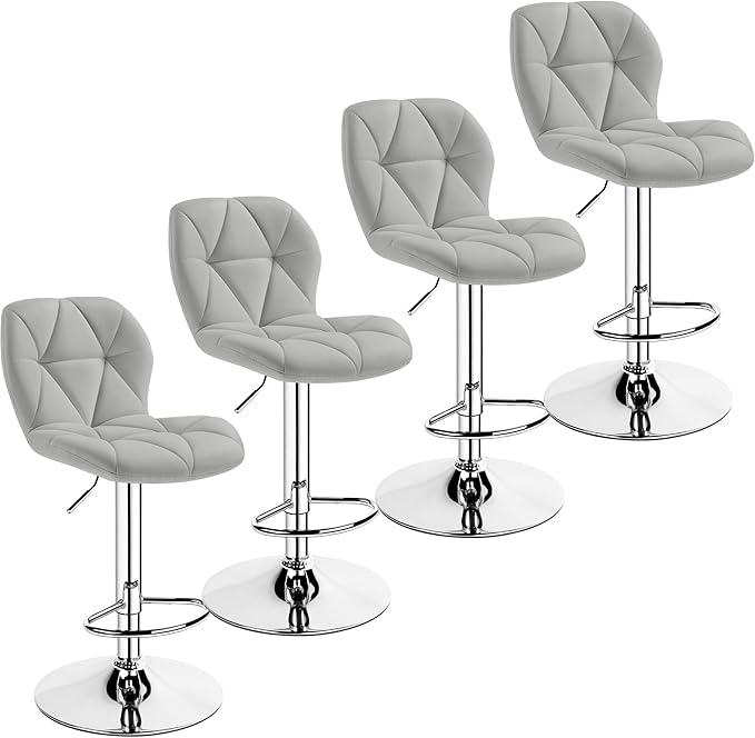 Yaheetech Bar Stools Set of 4, PU Leather Swivel Barstools, Height Adjustable Counter Stools with Backrest fot Kitchen Home Bar, Light Grey