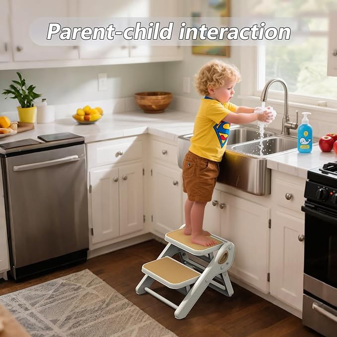 Toddler Step Stool, iNeibo 2-Step Foldable Step Stool for Kids, Widened & Thickened with Anti-Slip Design, Safer for Children Use for Kitchen, Bathroom, Toilet Training - Khaki