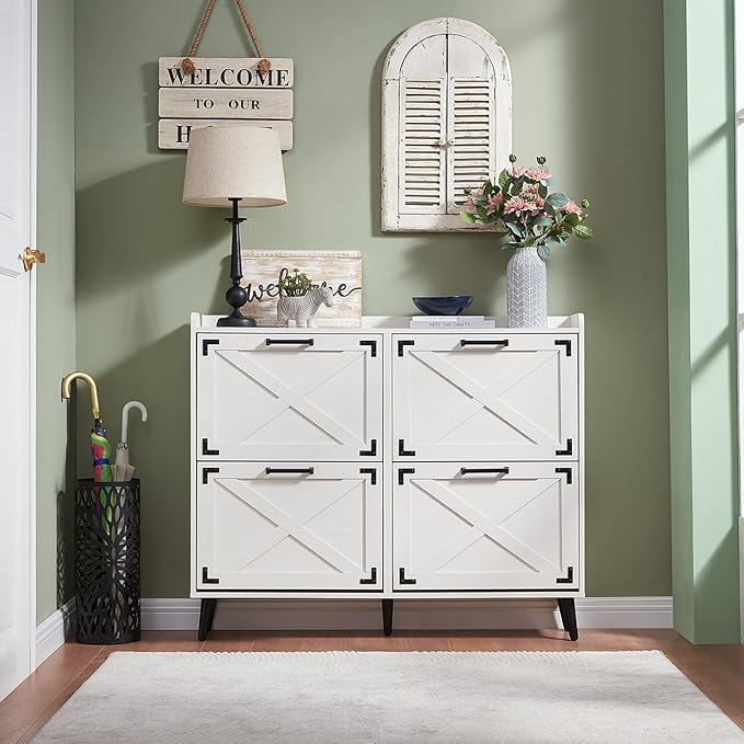 Shoe Storage Cabinet,Farmhouse Shoe Organizer with 4 Flip Drawers & Barn Door Design,Freestanding Hidden Slim Narrow Shoe Rack Cabinet for Entryway,Foyer,Hallway,Antique White