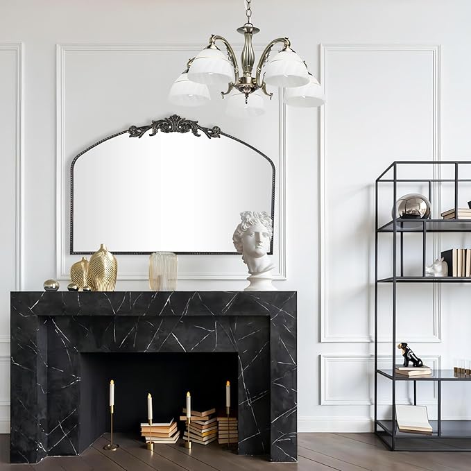 AIXI HOME Vintage Black Arched Mirror 36"X29", Antique Baroque Mantel Wall Mirror with Black Brush Gold Metal Ornate Frame for Entryway/Fireplace/Living Room/Hallway/Bathroom/Bedroom