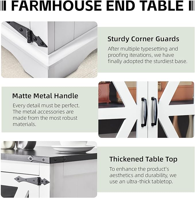 Farmhouse End Table, 24" Large End Tables with Storage, Rustic Square Sofa Beside Table with Glass Barn Door, Wood Side Table Square Nightstand for Living Room, Bedroom, Office (White)
