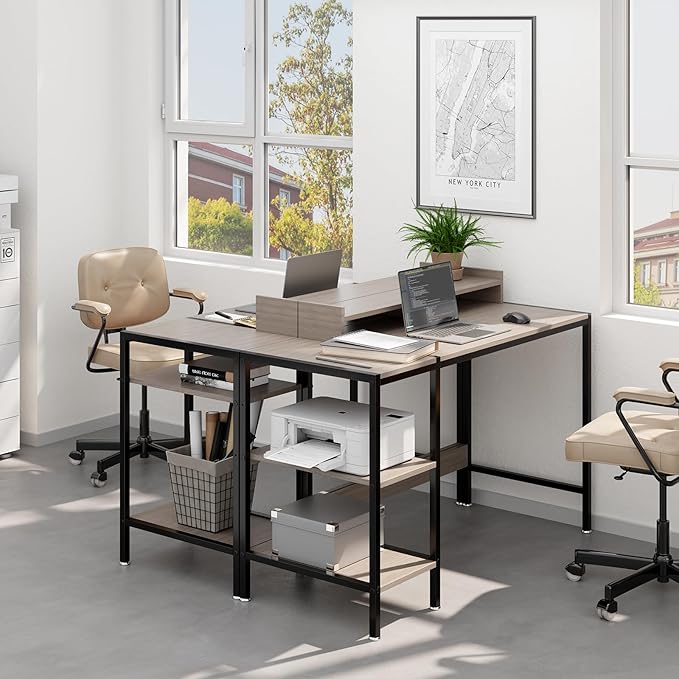 Computer Desk Gaming Desk with Monitor Stand, Home Office Desk Suitable for 2 Monitors, Writing Desk with Adjustable Storage Space,Sturdy and Durable Modern Small Desk (Grey, 47 inchs)