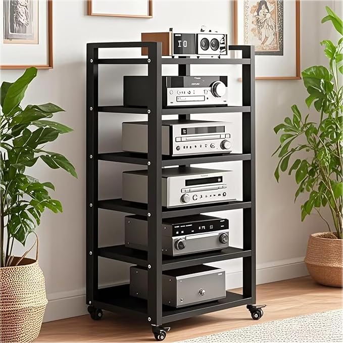 6 Tier Audio Rack Tower, CD Record Player Stereo Receiver AV Equipment Cabinet Display Rack, Weight Capacity 661 lbs, with Adjustable Wooden Shelves for Home (BIACK, 6 Tier 47×19.7×15.7IN)