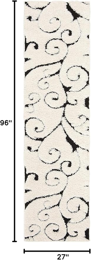SAFAVIEH Florida Shag Collection Runner Rug - 2'3" x 8', Ivory & Black, Scroll Design, Non-Shedding & Easy Care, 1.2-inch Thick Ideal for High Traffic Areas in Living Room, Bedroom (SG455-1290)