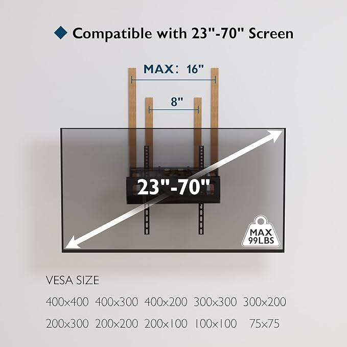 BONTEC Full Motion TV Wall Mount for 23-70 Inch TVs, Articulating Dual Arm Bracket with Tilt Swivel, Fits LED OLED LCD Flat Curved Screens, Max VESA 400x400 mm, Holds 99 lbs, Wall Panel Length 16.1in