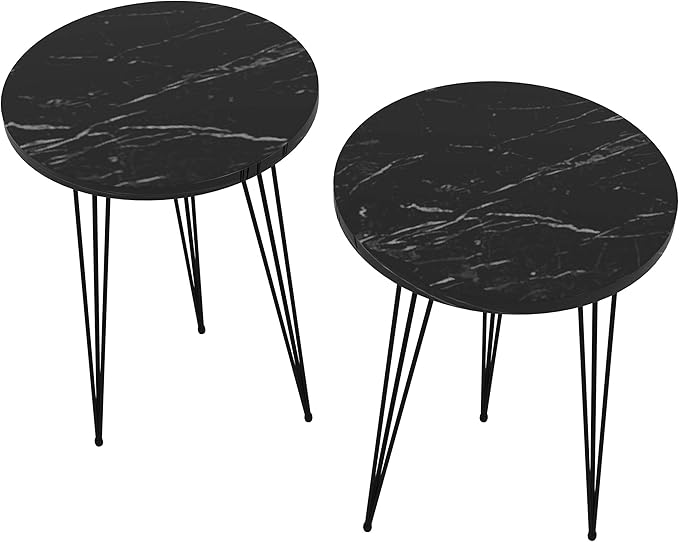 PAK HOME Set of 2 Black Marble End Tables Round Wood Sofa Side Coffee Tables for Small Spaces, Nightstand Bedside Table with Metal Legs for Bedroom, Living Room, Office, Balcony