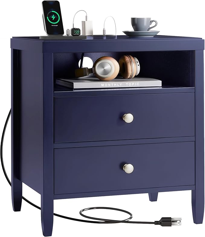 Huuger Nightstand with Charging Station, Blue Nightstand with 2 Drawers, Bed Side Table for Bedroom, Bedside Table with Storage, Modern Nightstands, Metal Knobs, Painted Surface