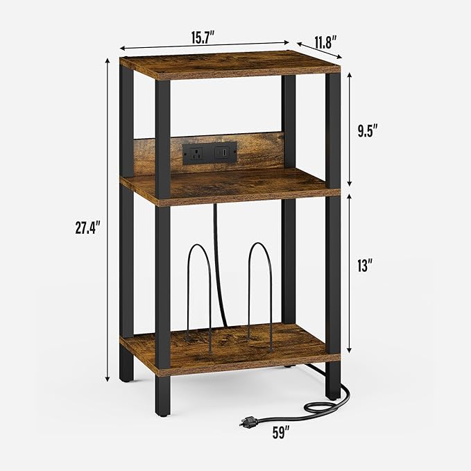 TUTOTAK Record Player Stand with Storage Up to 100 Albums，Record Storage Table,3 Tier End Table with Charging Station,Side Table for Living Room, Bedroom, Brown TB01BB076