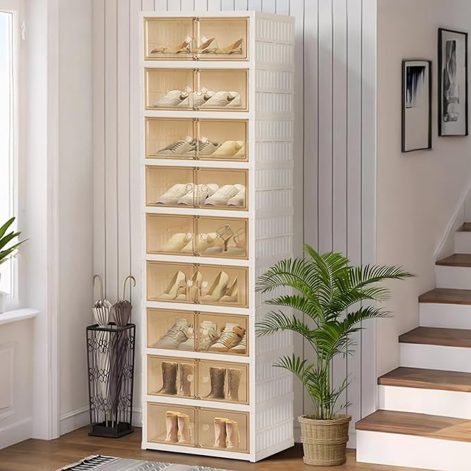 Foldable Shoe Organizer Storage Box, Portable Extra Large Folding Shoe Rack for Closet, Shoe Storage Box with Magnetic Transparent Door and Wheels, 9 Layers 18 Grids for 2 PCS