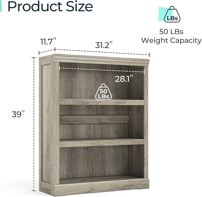 LINSY HOME 3-Tier Bookcase and Bookshelf, Small Wood Display Storage Shelves Farmhouse Bookshelf for Home Office, Living Room, Bed Room - Washed Grey