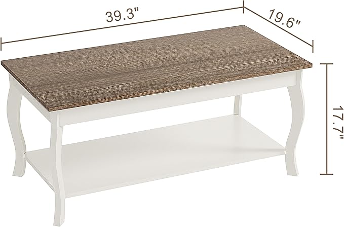 ChooChoo Coffee Table, Rustic Center Table with Curved Legs and Storage Shelf, 39" Coffee Table for Living Room, Soft White