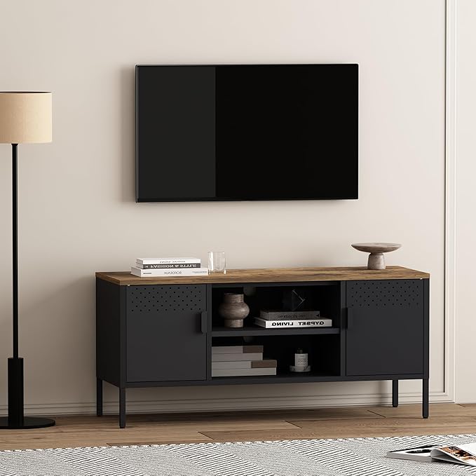 Manhattan Comfort Landen 47" Modern Metal TV Stand with Storage Cabinets & Open Shelves, Holds Up to 40" Screen, TV Console with Natural Wood Top, Cable Management, Adjustable Legs, Black