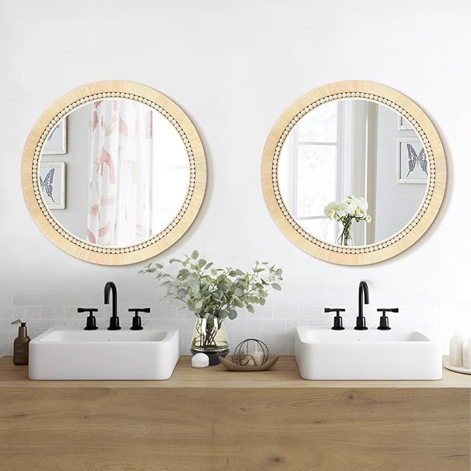 ULIKE Round Rattan Mirror, Bathroom 30 Inch Rustic Farmhouse Wall Decor with Handmade Wicker Frame, Boho Mirror for Nursery Bedroom Living Room Entryway