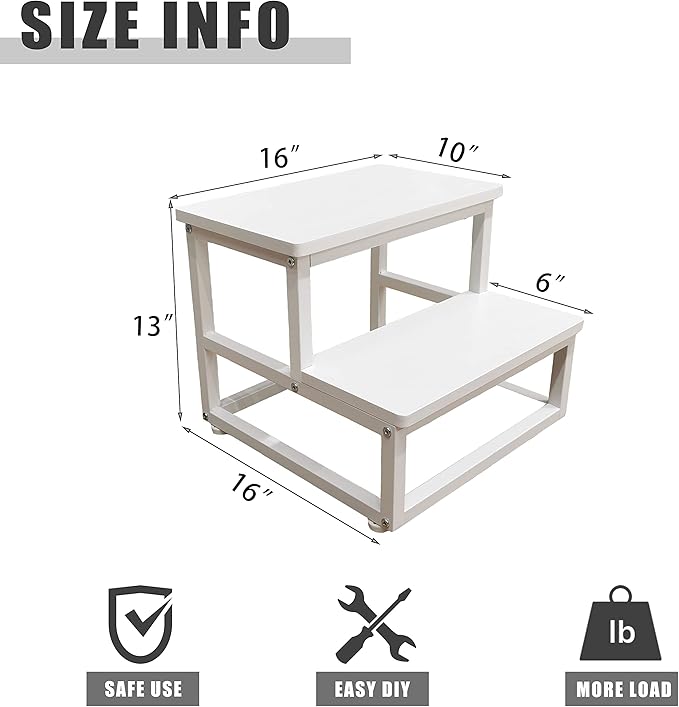 Nursery Step Stool, Wooden and Metal Foot Stool for Adult Kid, Steps for High Beds with Round Corners, Small Stepping Stool for Bedroom Kitchen, Load 500 LB, White